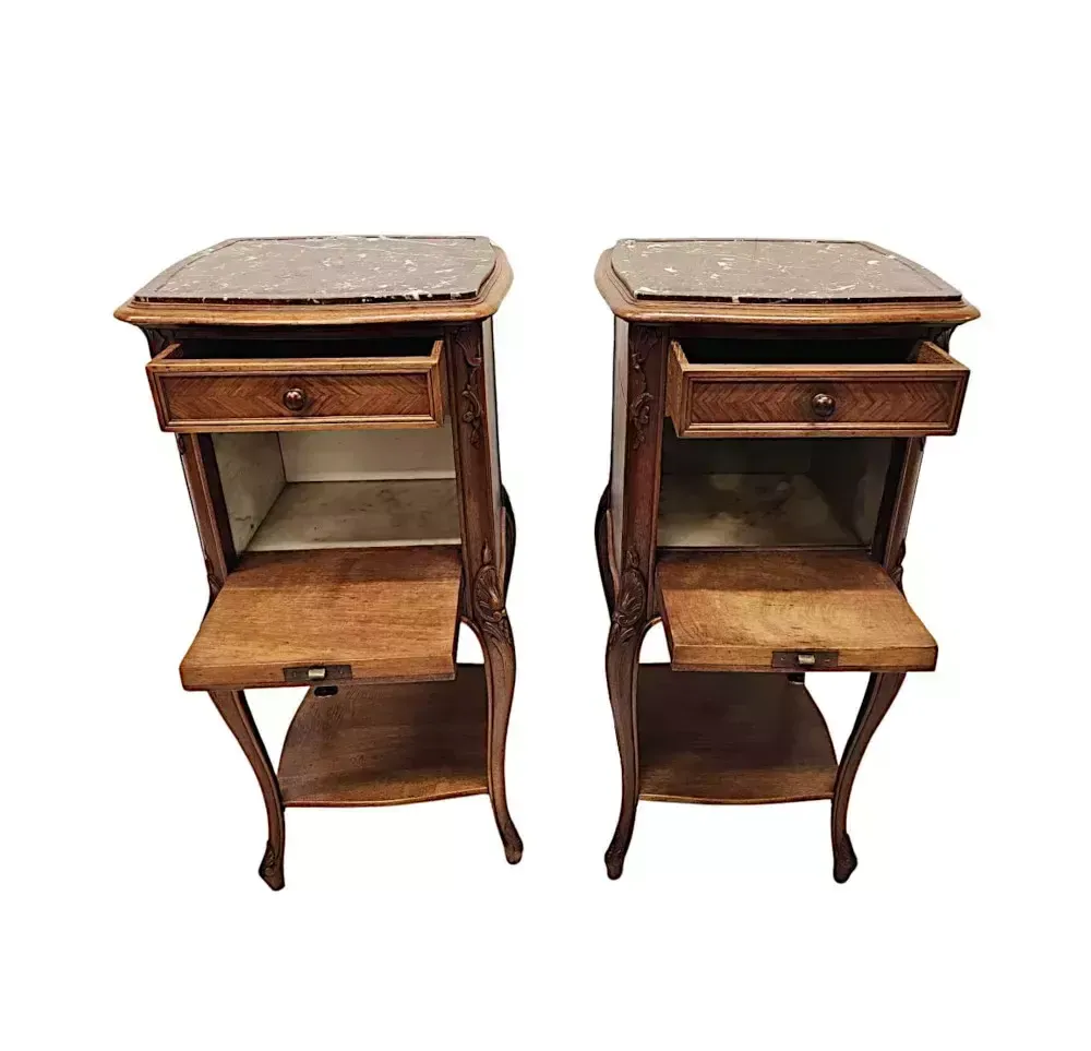 A Stunning Pair Of 19th Century Walnut Marble Top Bedside Cabinets photo Furniture