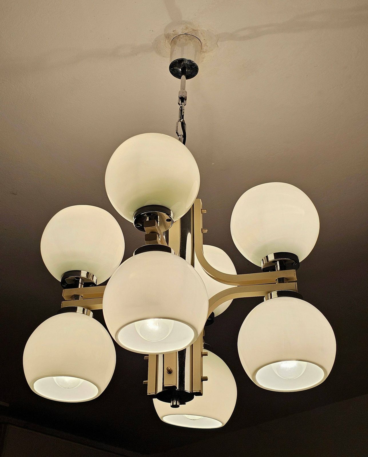 Space Age 8 Light Chandelier With While Glass Shades // Made In Yugoslavia In 1970s