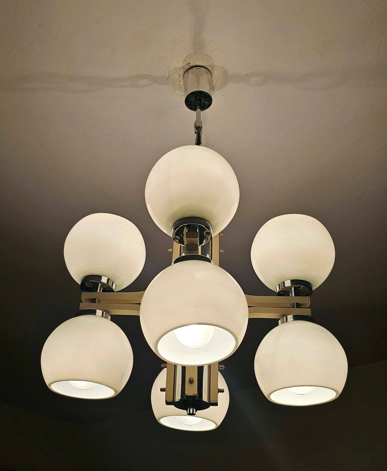 Space Age 8 Light Chandelier With While Glass Shades // Made In Yugoslavia In 1970s photo for sale
