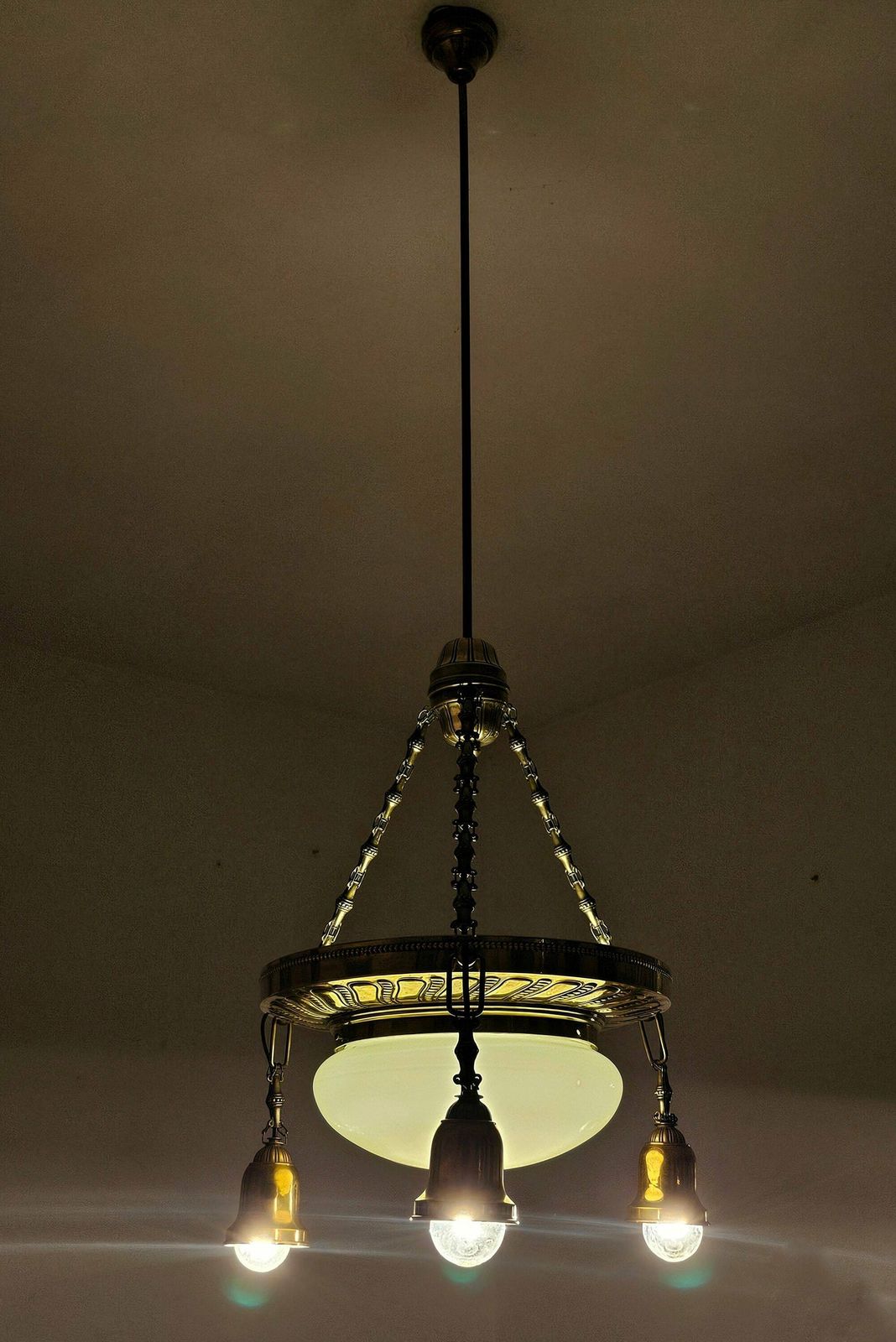 Art Nouveau Polished Brass Chandelier With Opaline Glass Dome // Antique Chandelier // Made In Austria In 1910s photo for sale