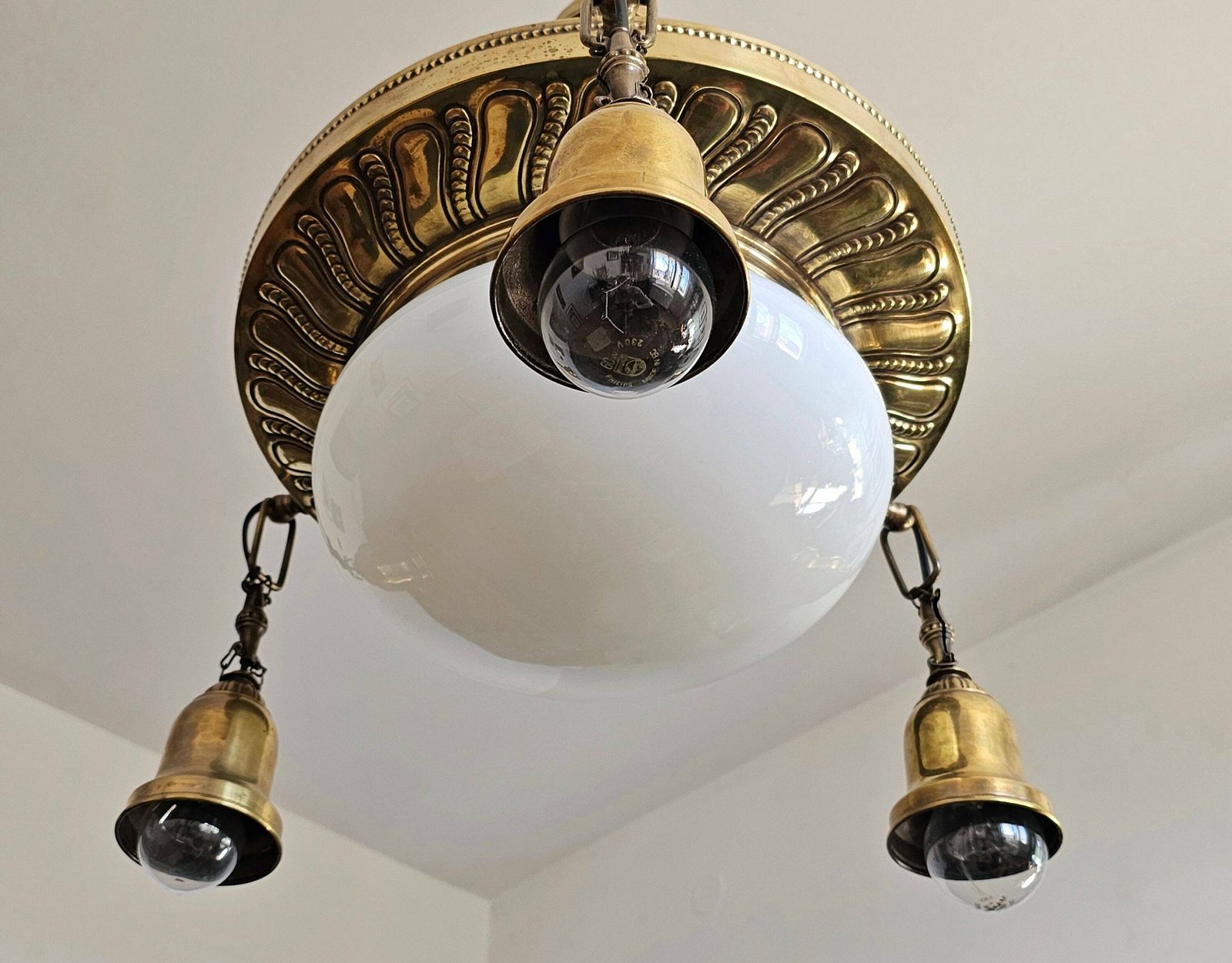 Art Nouveau Polished Brass Chandelier With Opaline Glass Dome // Antique Chandelier // Made In Austria In 1910s photo buy
