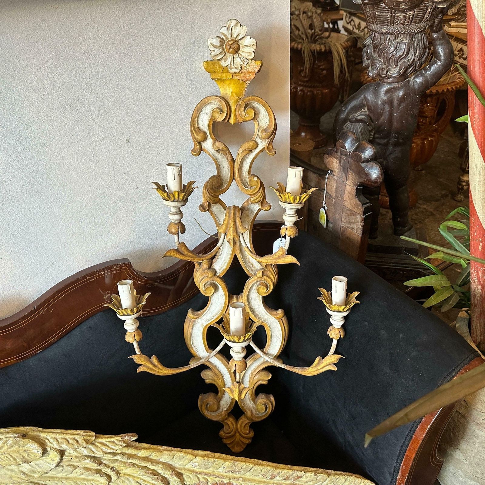 1970s Baroque Style Lacquered Wood And Iron Florentine Big Wall Sconces photo furniture