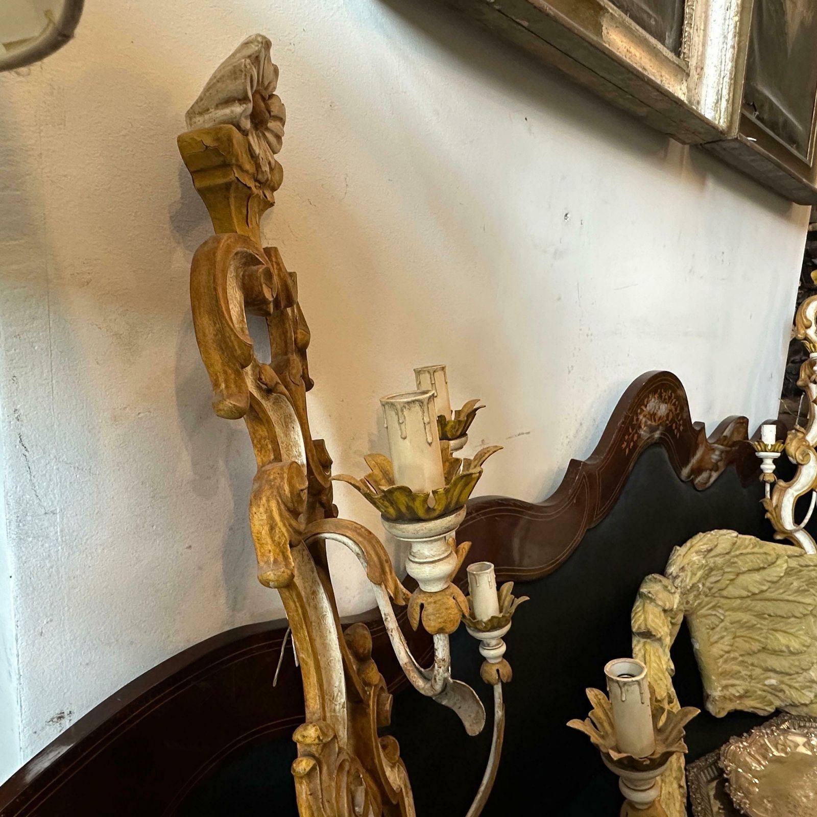 1970s Baroque Style Lacquered Wood And Iron Florentine Big Wall Sconces photo vinterior