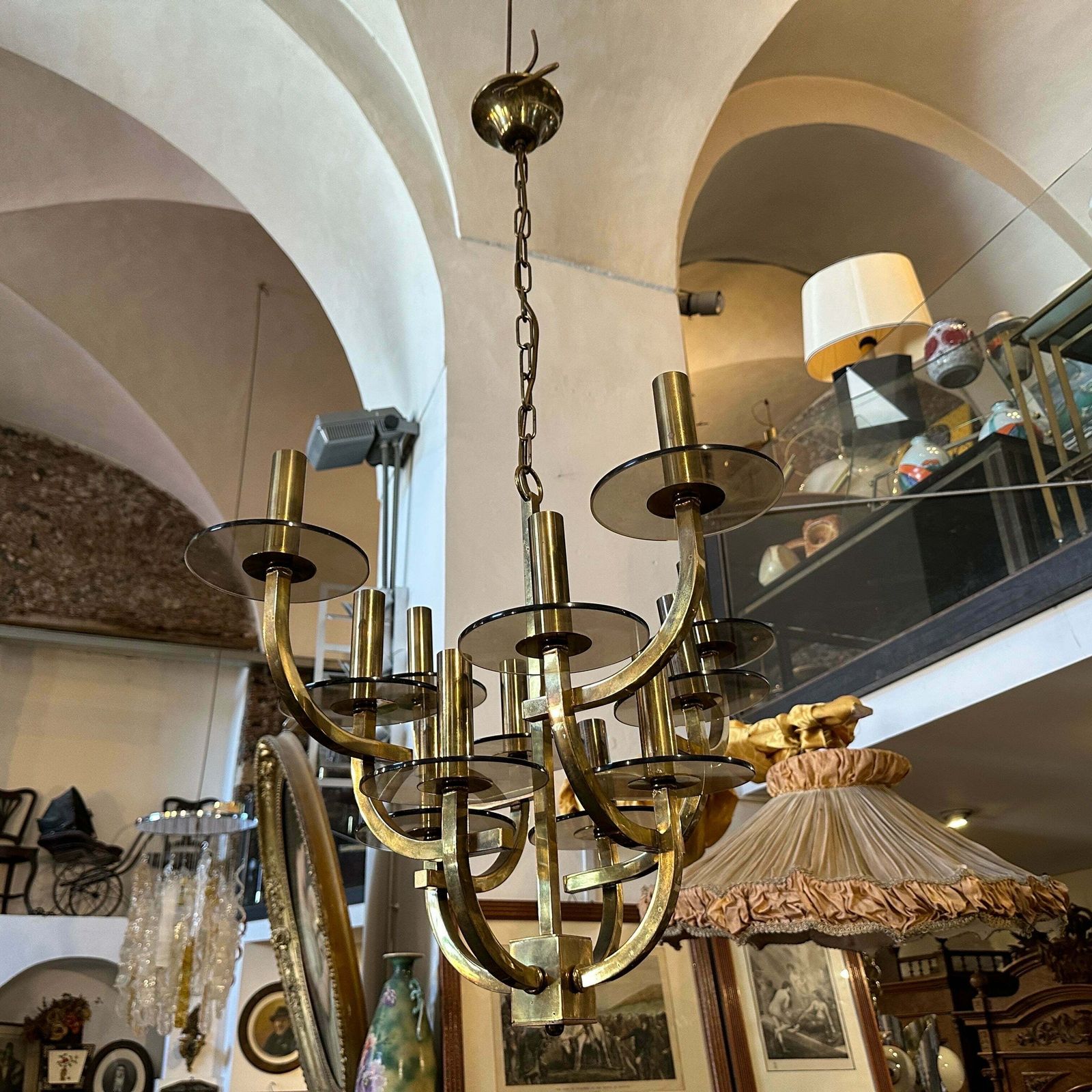 1960s Gaetano Sciolari Mid Century Modern Brass And Smoked Glass Chandelier photo furniture