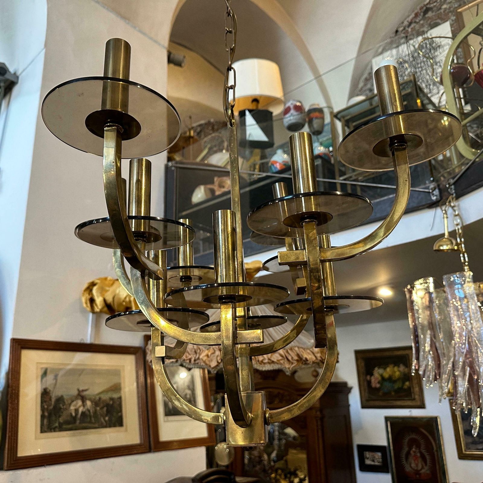 1960s Gaetano Sciolari Mid Century Modern Brass And Smoked Glass Chandelier photo vintage