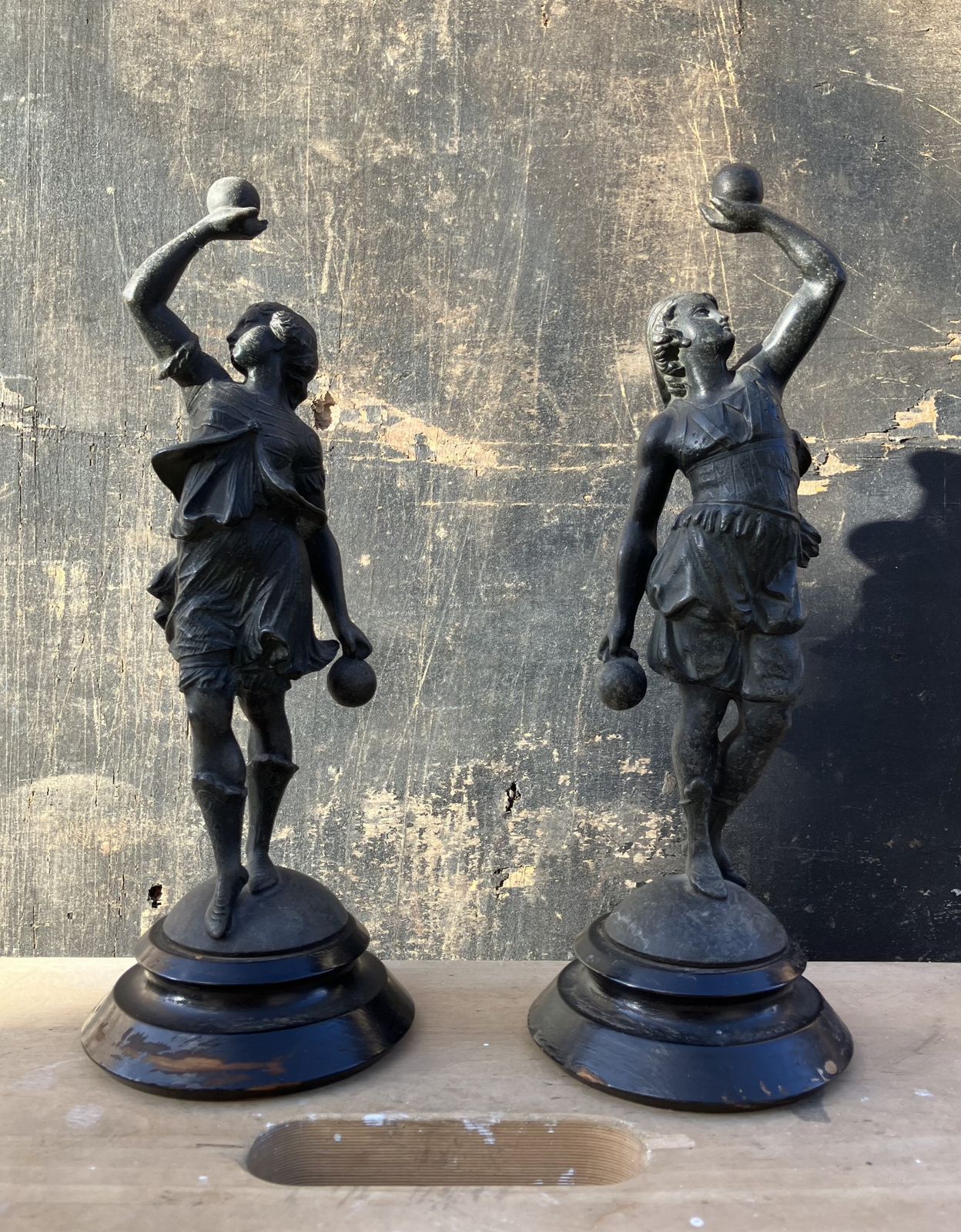 Vintage Pair Of Spelter Grecian Statue Female Figures photo for sale