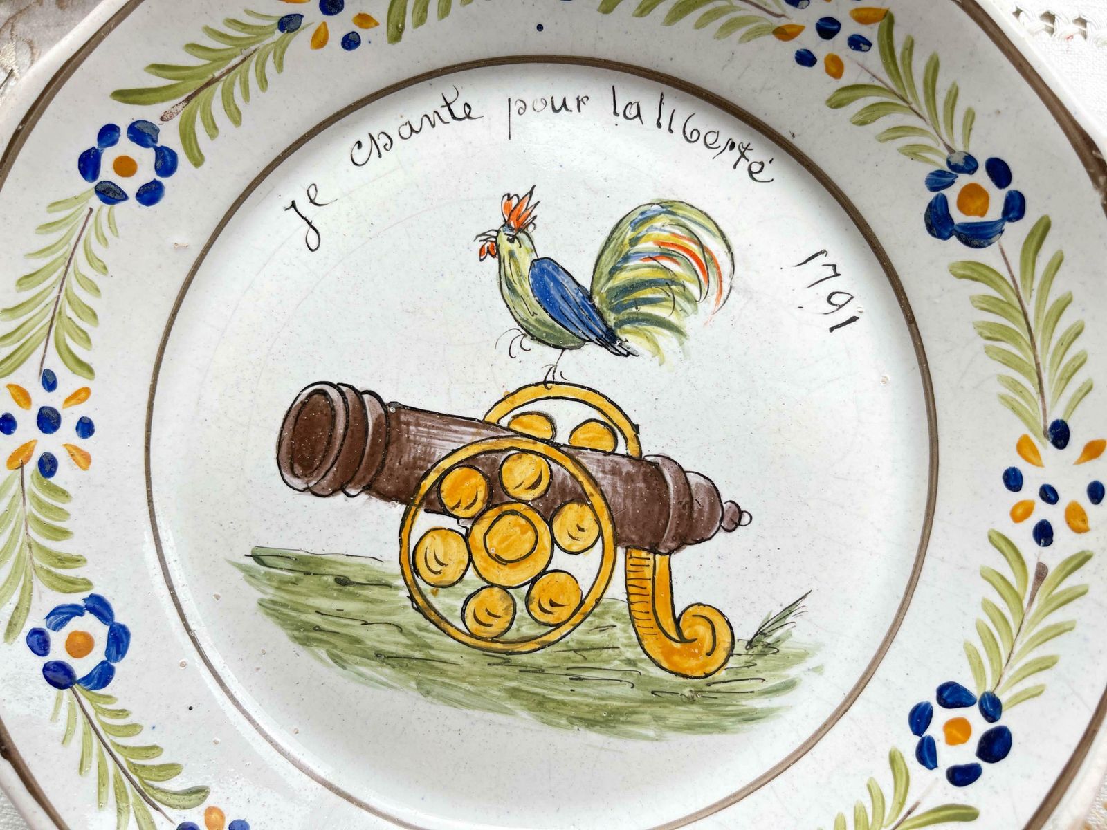 Old French Earthenware Plate Revolutionary Rooster "I Sing For Freedom 1791" Nevers 19th Century   Revolutionary Plate photo furniture