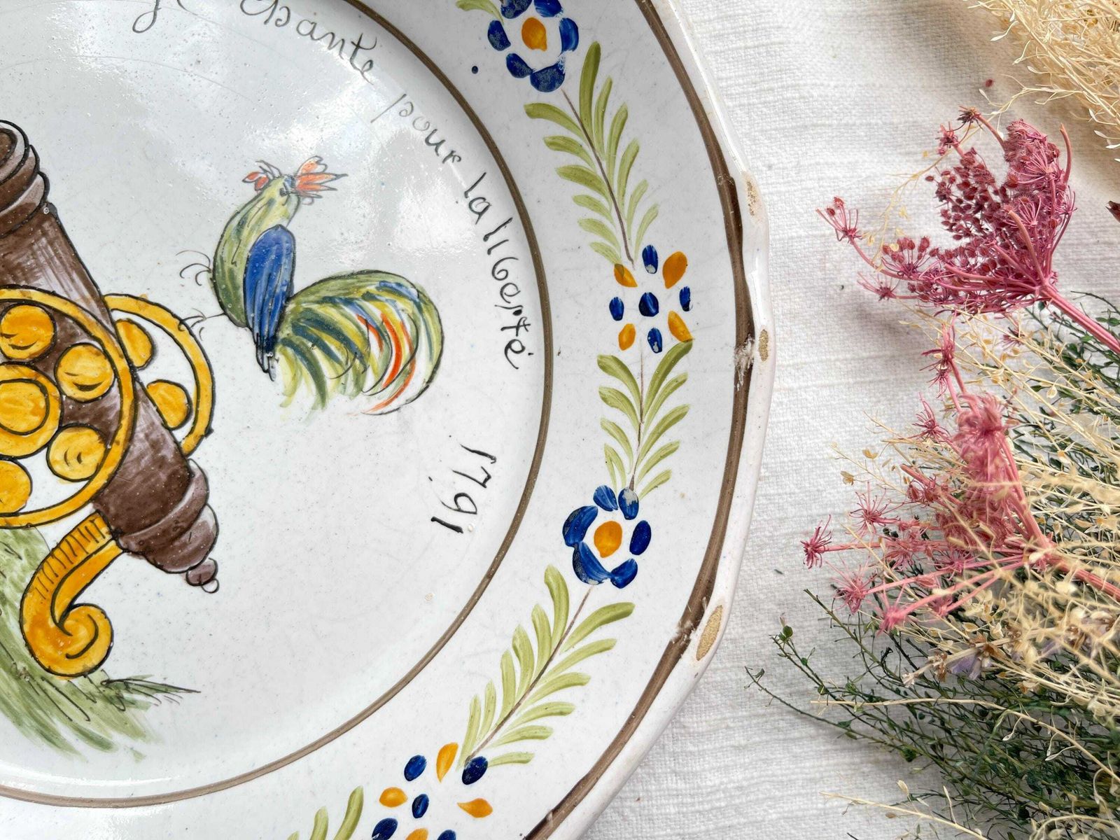 Old French Earthenware Plate Revolutionary Rooster "I Sing For Freedom 1791" Nevers 19th Century   Revolutionary Plate photo Home Decor