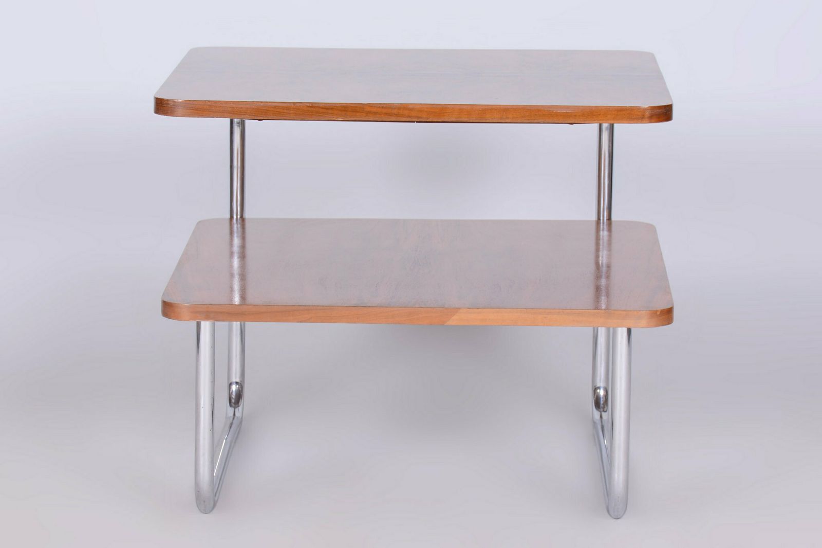 Restored Bauhaus Side Table, Caucasian Walnut, Chrome Plated Steel, Czech, 1930s photo furniture