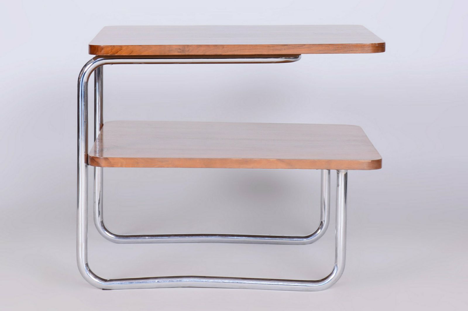 Restored Bauhaus Side Table, Caucasian Walnut, Chrome Plated Steel, Czech, 1930s photo Furniture