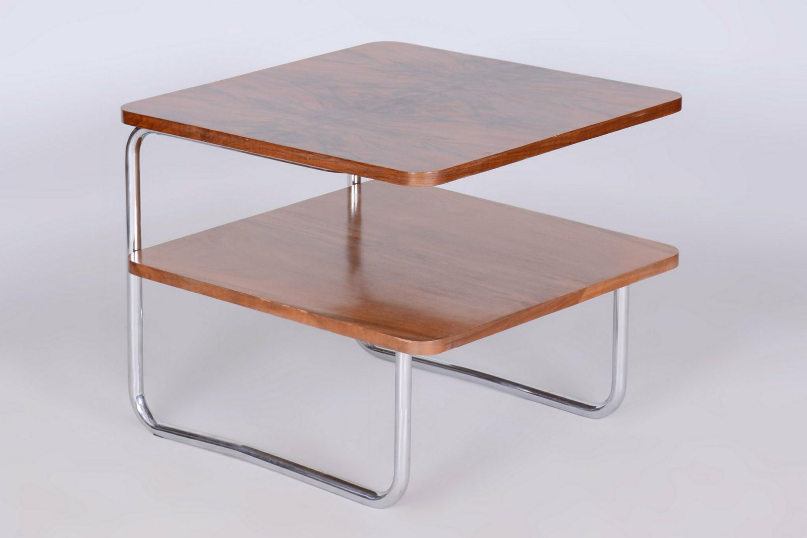 Restored Bauhaus Side Table, Caucasian Walnut, Chrome Plated Steel, Czech, 1930s