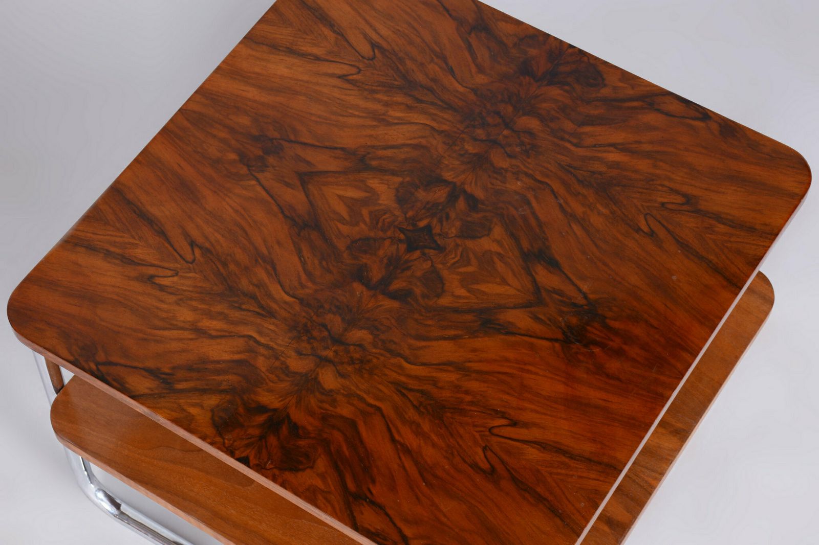 Restored Bauhaus Side Table, Caucasian Walnut, Chrome Plated Steel, Czech, 1930s photo buy