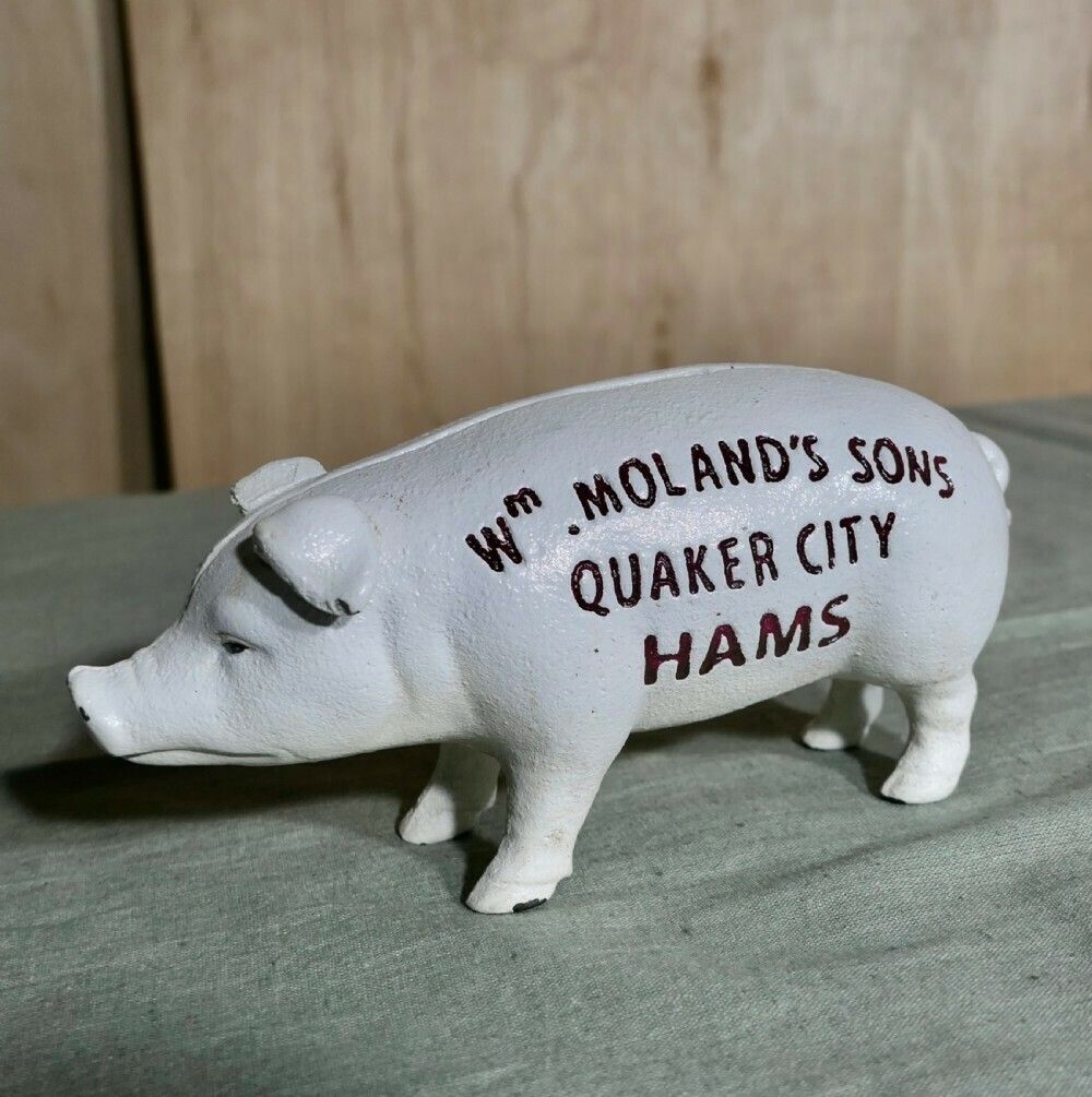 Cast Iron Piggy Bank Advertising Wm Moland's Sons Quaker City Hams photo vinterior