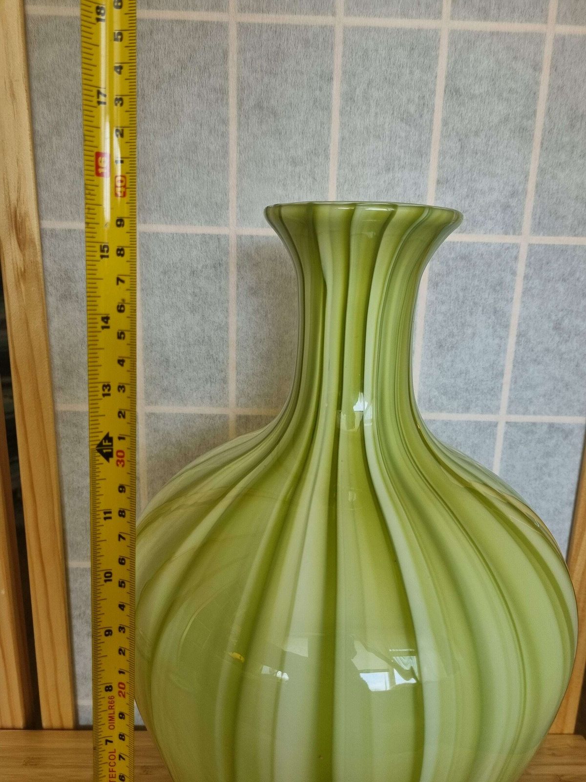 Large Art Glass Vase In Green Swirl Stripe photo vintage