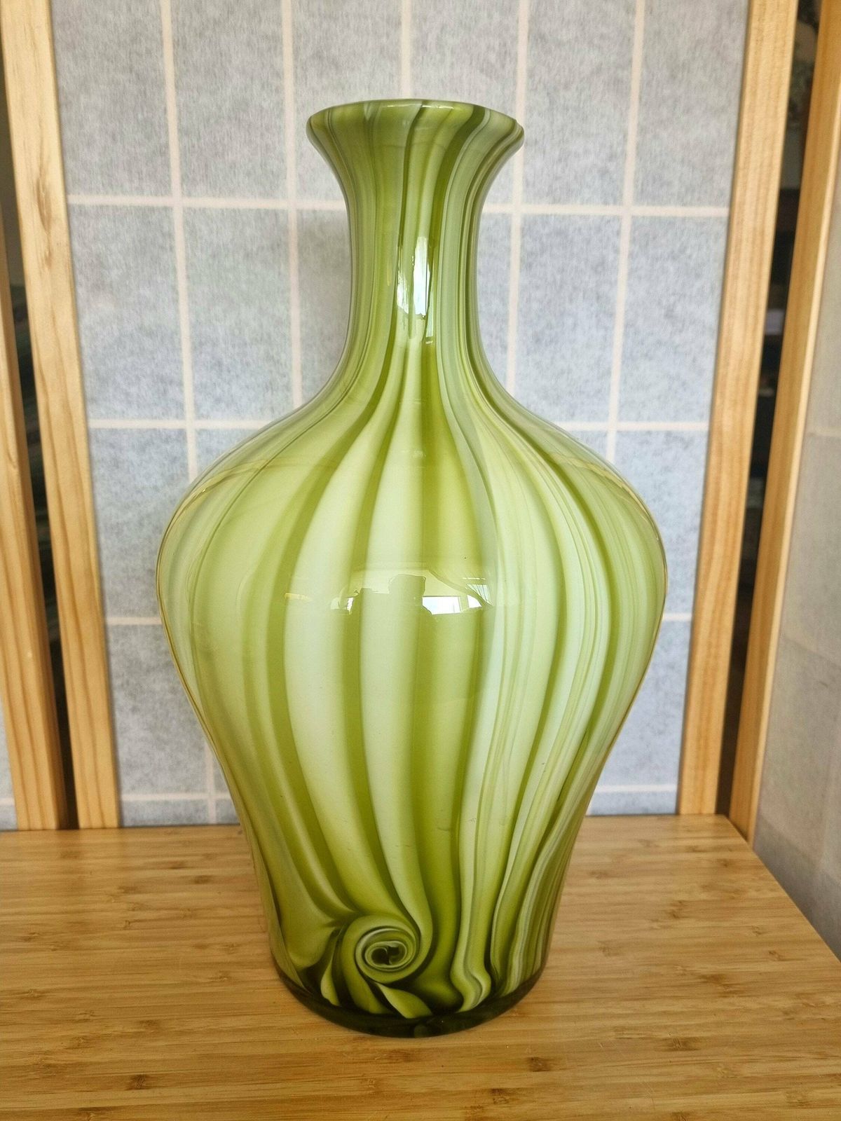 photo for sale Large Art Glass Vase In Green Swirl Stripe