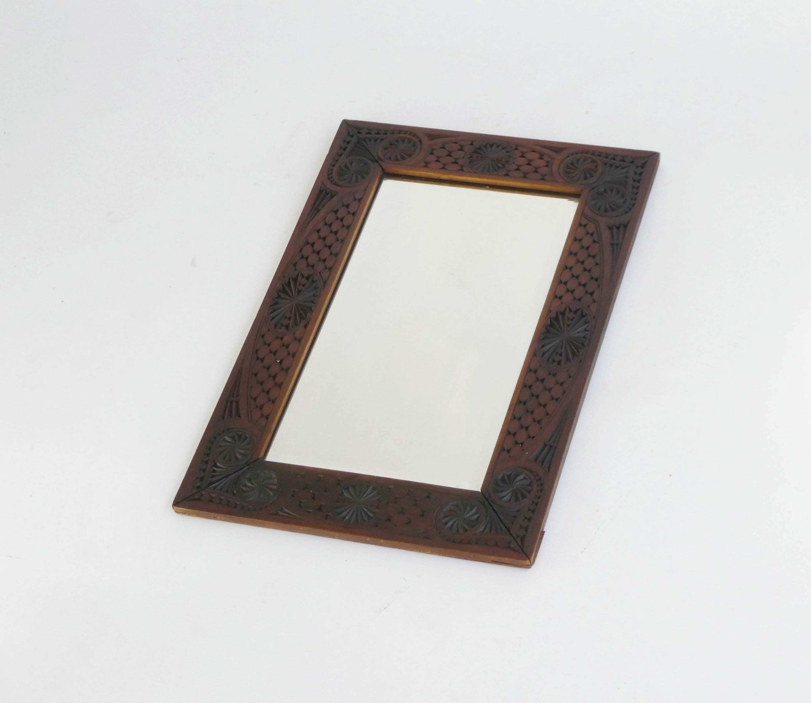 Beautiful Chip Nip Wooden Carved Wall Mirror, Jugendstil Beveled Glass, Antique Wall Hanging photo furniture