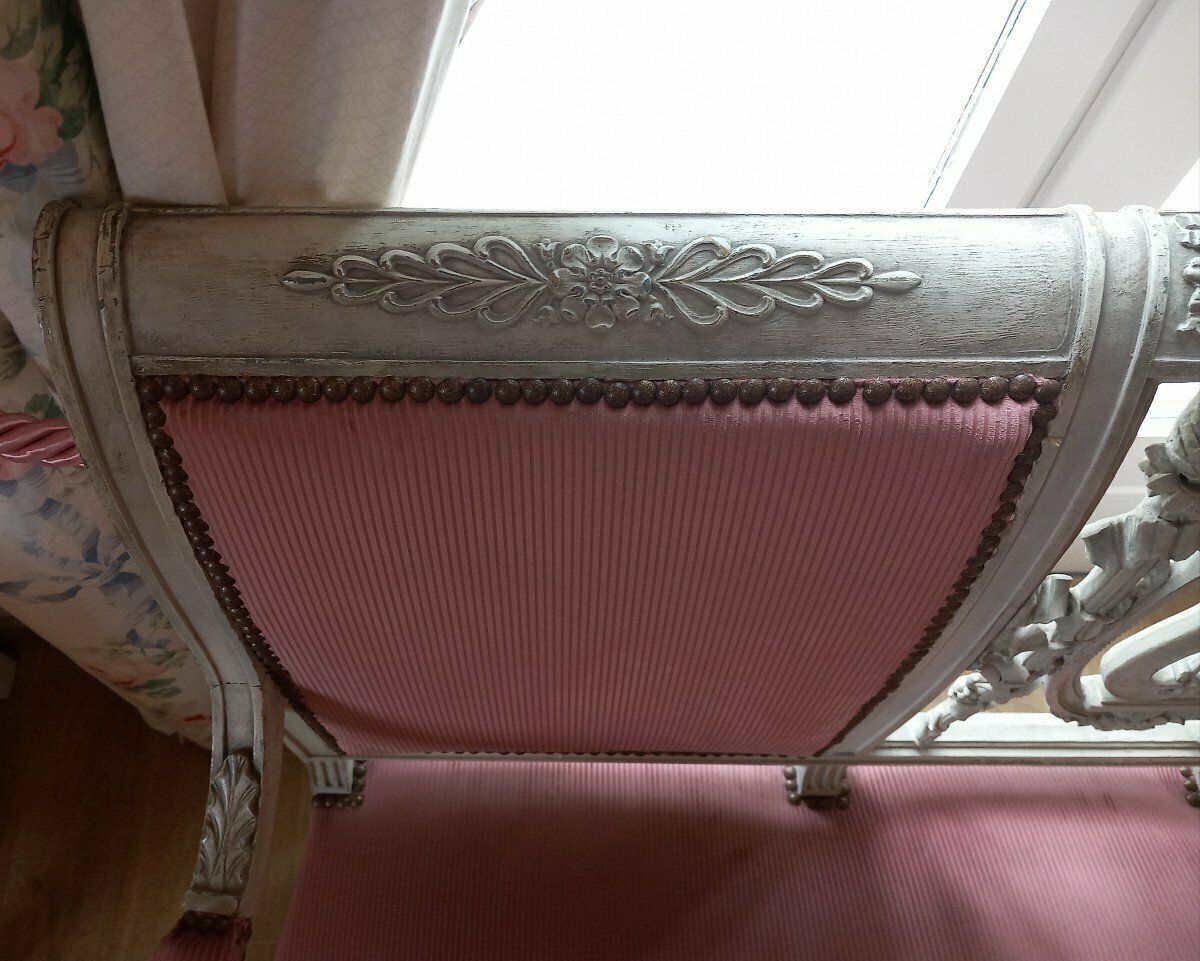 Louis XVI Style Bench Lyre Decor Pink Velvet photo for sale
