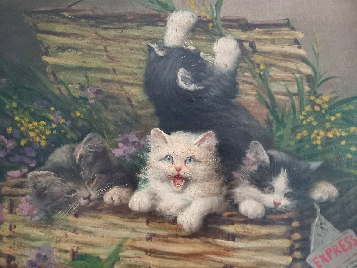 Oil Painting On Canvas Representing Four Kittens Signed Léon Huber photo Art