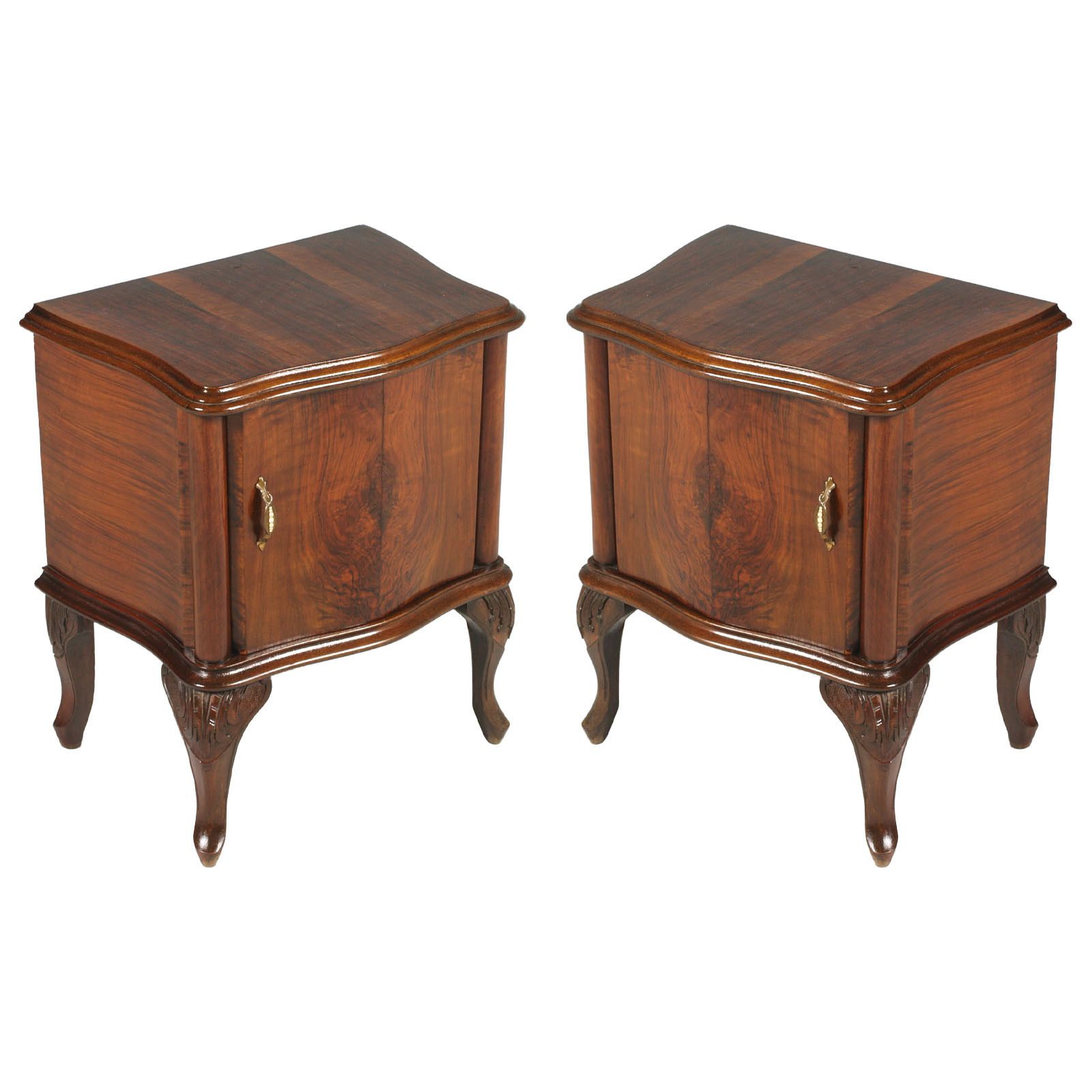 Venetian Baroque Nightstands, Hand Carved & Veneer Walnut, Restored Wax Polished