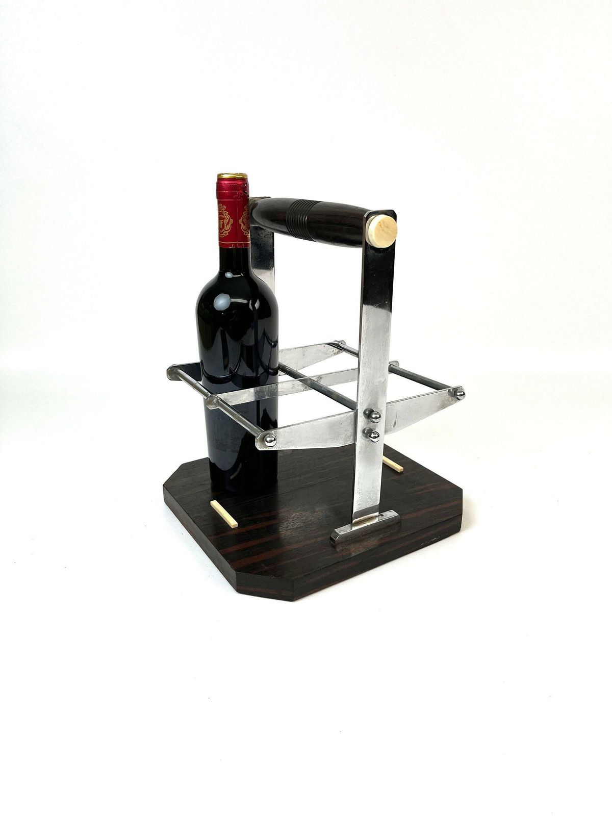 Rare Art Deco Rosewood Chrome Wine Bottle Carrier Holder Barware France 1930 photo vinterior
