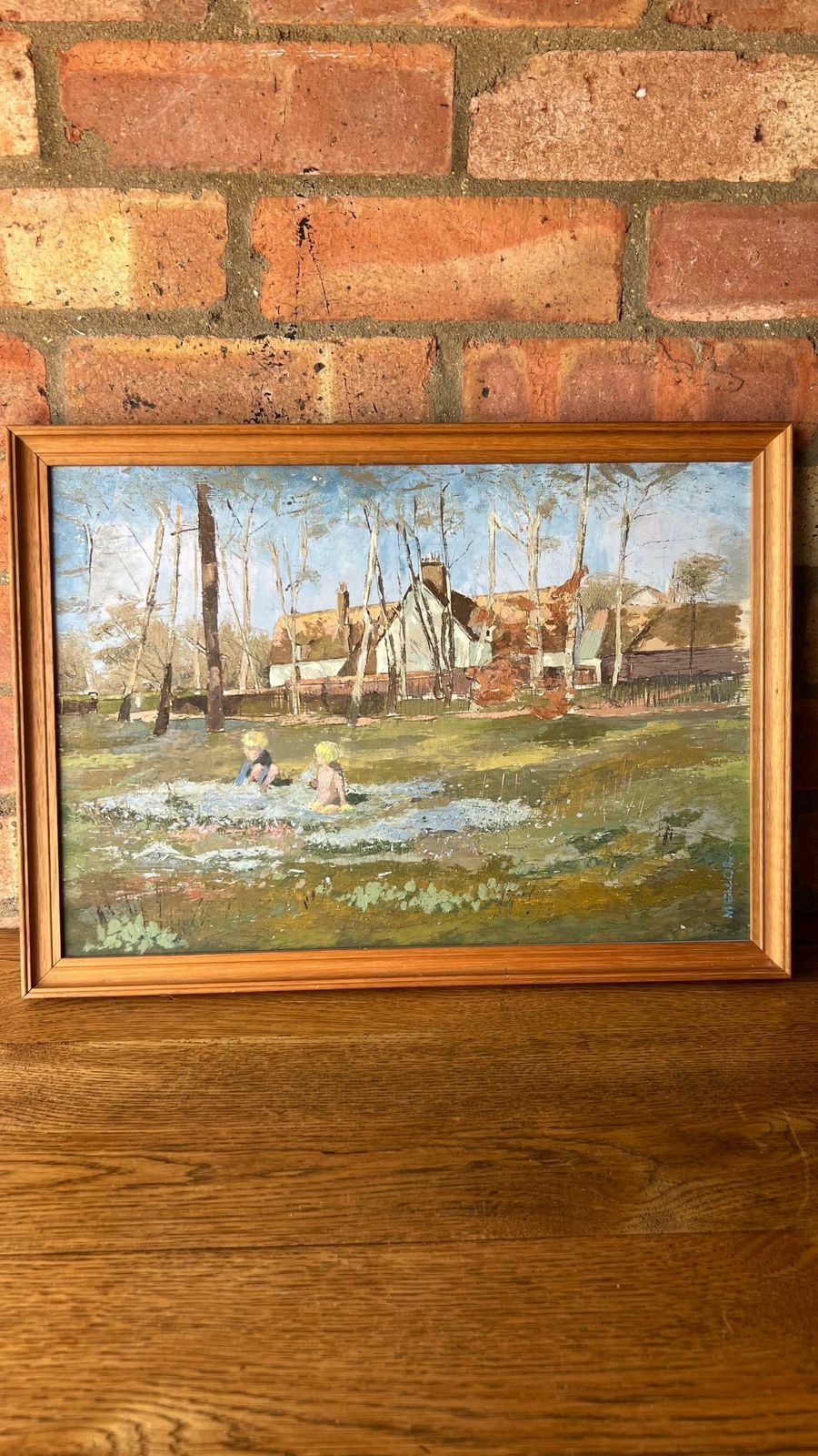 Original Signed And Framed Vintage Oil Painting Depicting Kids Playing In Front Of A Cottage photo furniture