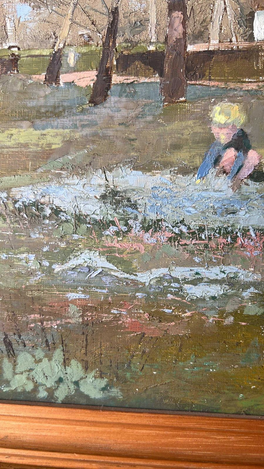 Original Signed And Framed Vintage Oil Painting Depicting Kids Playing In Front Of A Cottage photo for sale