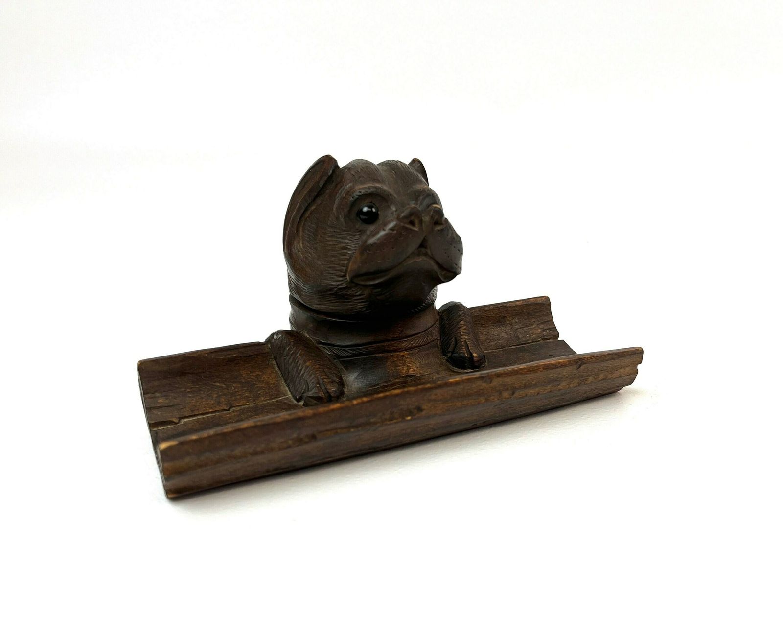 Zeldzame Antieke Zwarte Woud Houten Hond Met Glazen Ogen En Inktpot, Duitsland, 1880 photo vintage
