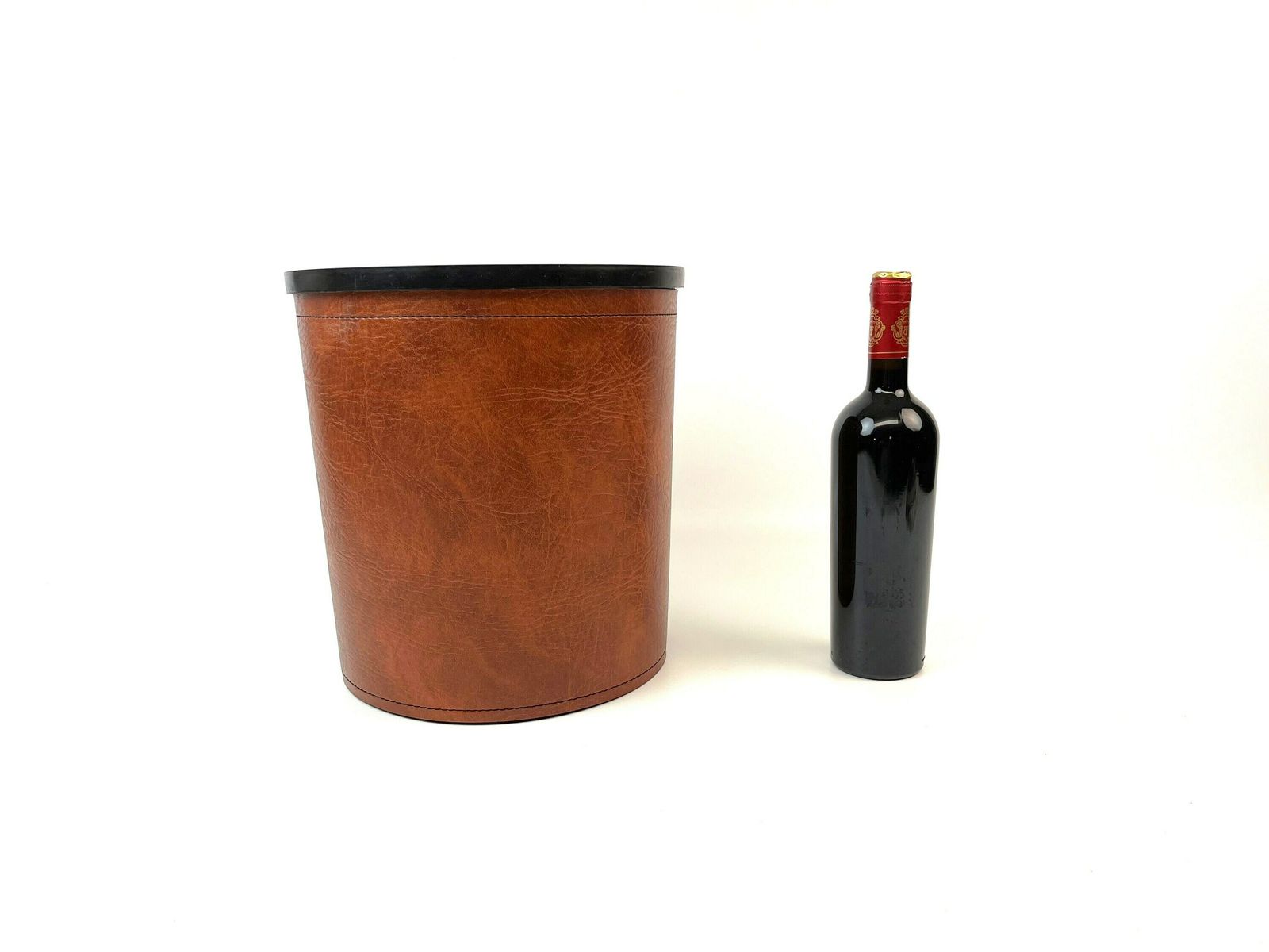 Rare Mid Century Genuine Brown Leather Waste Paper Bin By Läufer Germany 1960 photo vinterior
