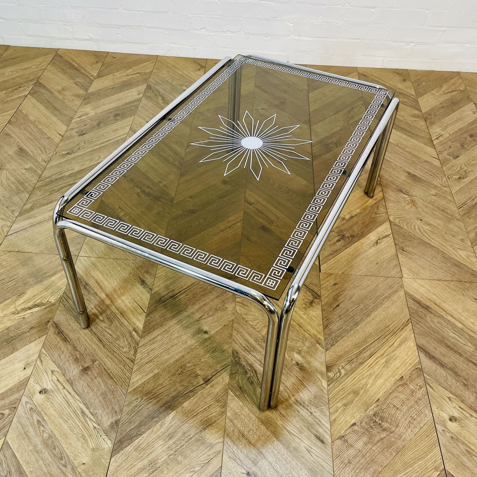 Vintage Italian Smoked Glass + Chrome Coffee Table With Detailed Top, 1970s photo 295.0