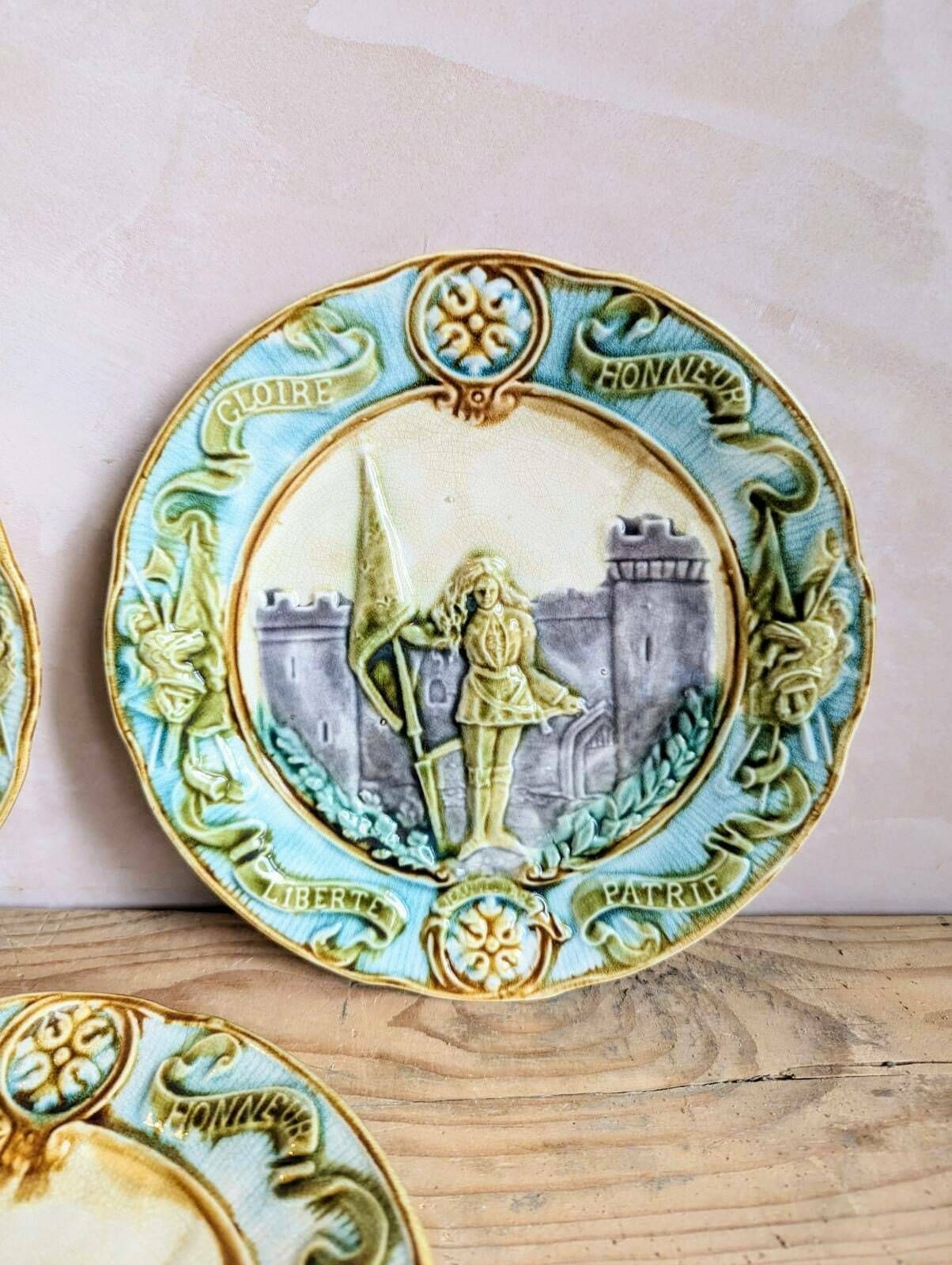 Antique French Majolica Plates  Hand Painted 'Joan Of Arc' Decorative Plates C1900