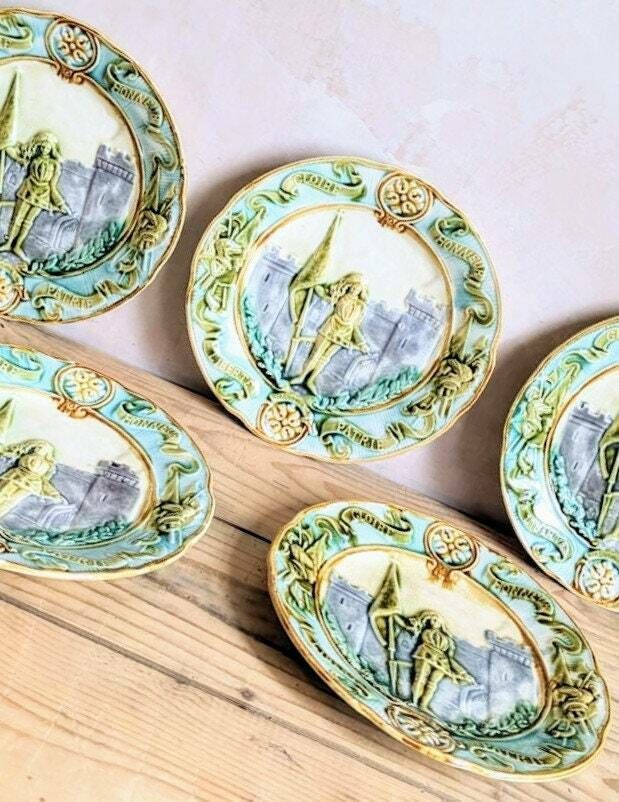 Antique French Majolica Plates  Hand Painted 'Joan Of Arc' Decorative Plates C1900 photo furniture