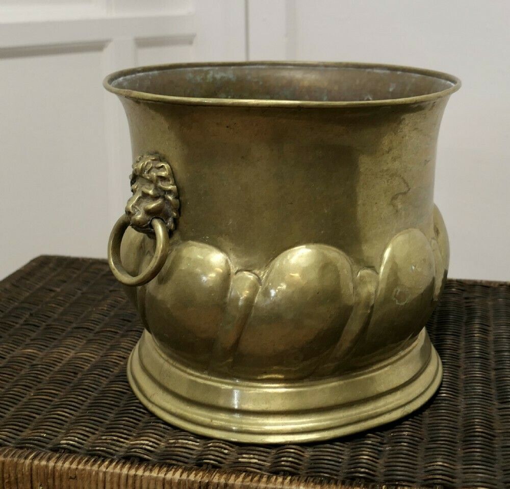 Large Arts And Crafts Brass Jardiniere With Lions Mask Handles