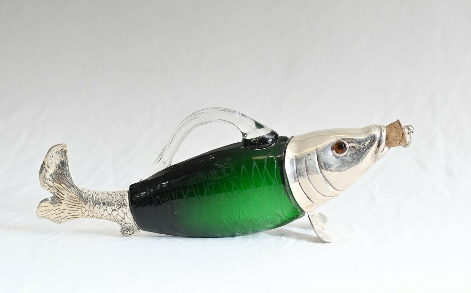 Silver Plate Fish Bottle Green Glass Decanter