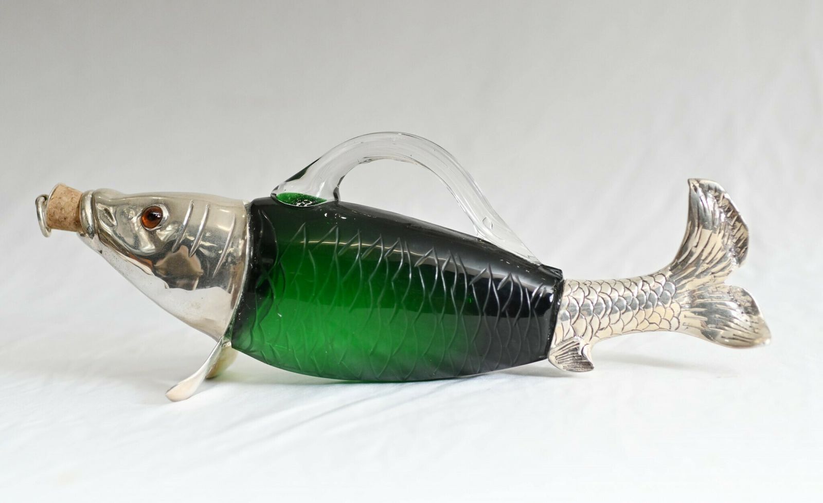 Silver Plate Fish Bottle Green Glass Decanter photo for sale