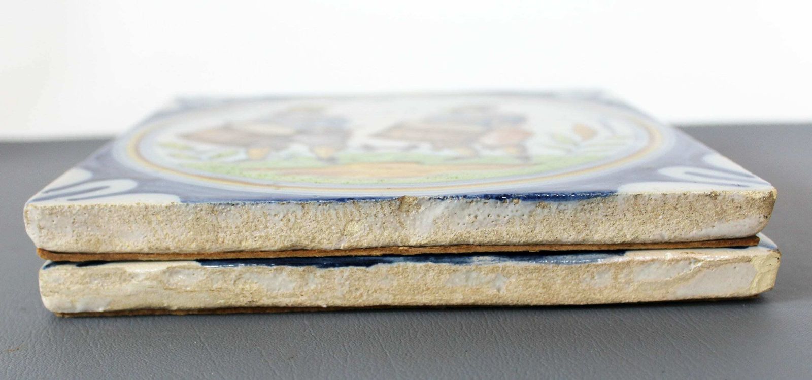 photo furniture 2 Vintage Ceramic Tile / Trivet, Hand Painted Design, Antique Dutch Style, Cork Backing, Horseback Knight Rider, Musician Drum Playing