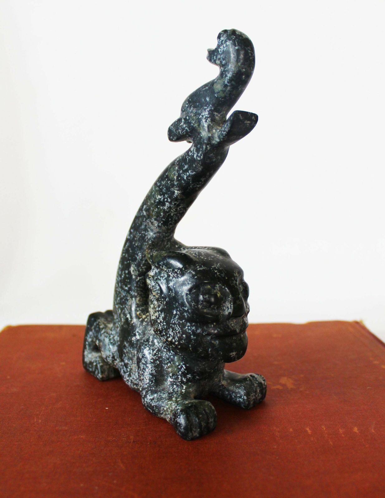 Vintage Carved Stone Sculpture, Figurine, Style Chinese Hongshan, Black Stone, Hand Carved, Neolithic Reproduction, Long Tail, Cat Like