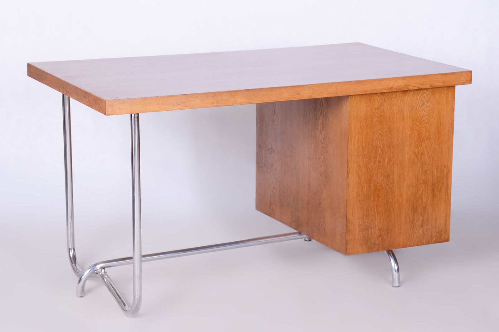 photo for sale Restored Bauhaus Oak Writing Desk, Hynek Gottwald, Chrome, Czechia, 1930s