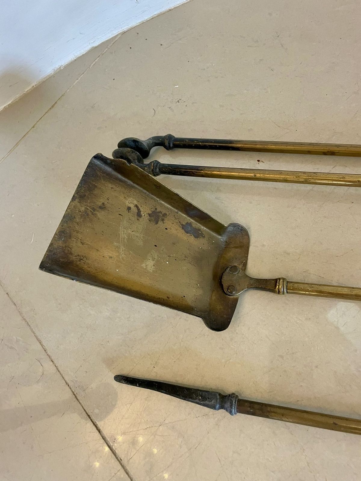 Set Of Antique 19th Century Quality Brass Fire Irons photo for sale