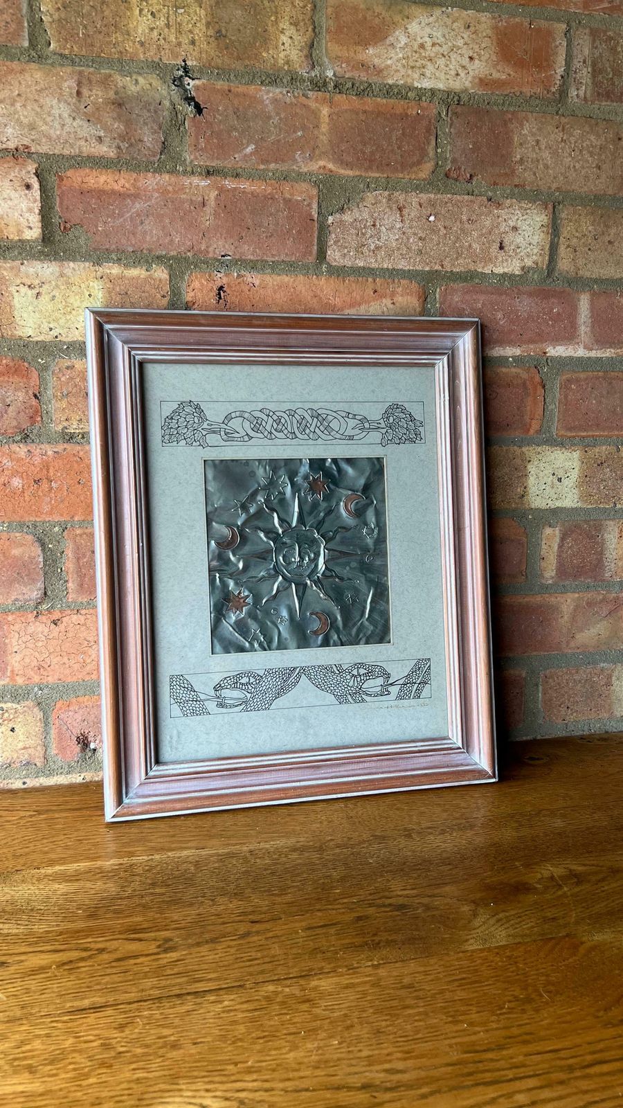 Vintage Pagan Sun And Stars Framed Metal Relief Plaque