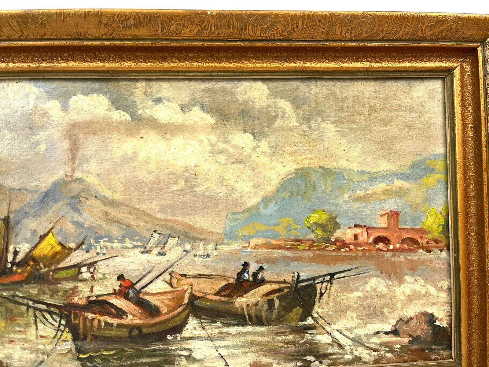 Antique Oil Painting Smoking Vesuv Vulcano Gulf Of Naples By A. Schwarzbeck About 1880 photo vinterior