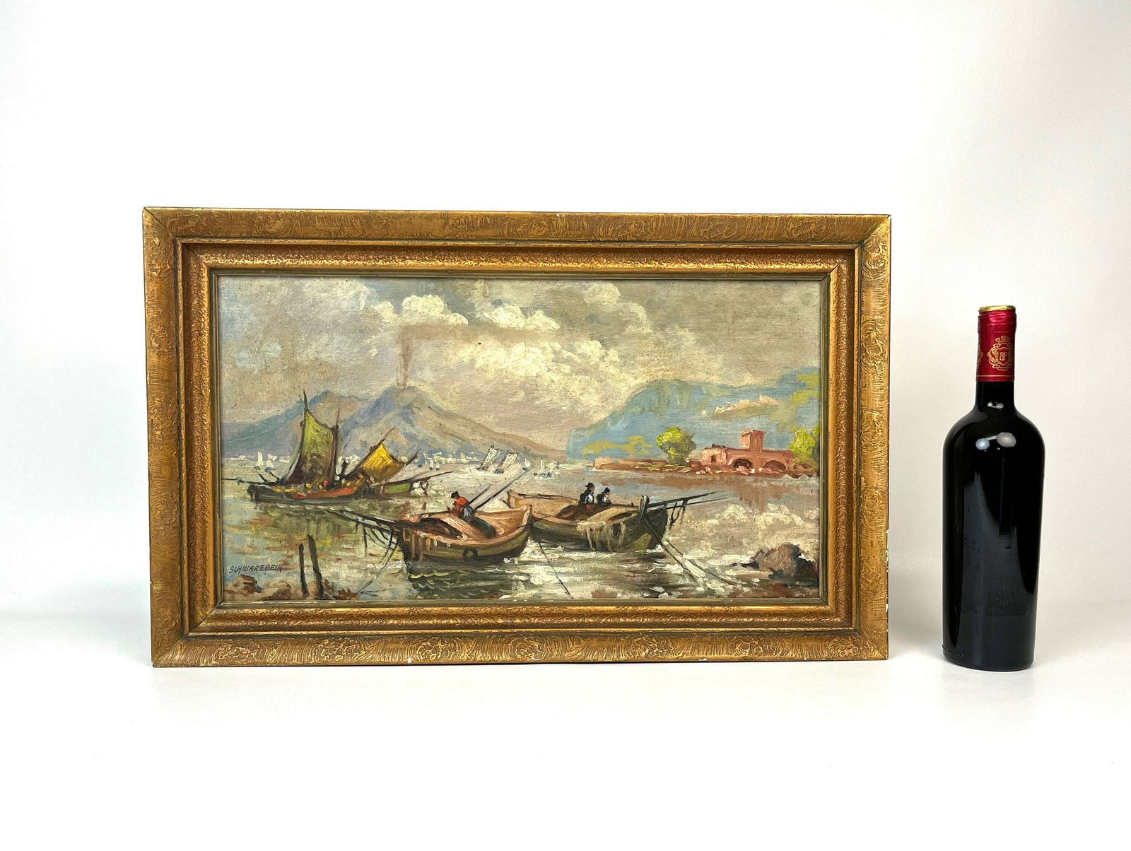 photo furniture Antique Oil Painting Smoking Vesuv Vulcano Gulf Of Naples By A. Schwarzbeck About 1880