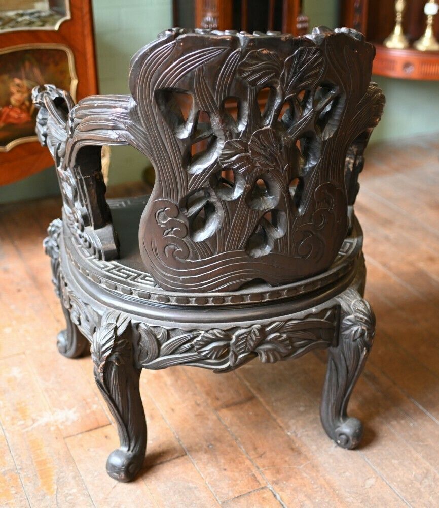 Pair Chinese Qing Arm Chairs Hand Carved 19th Century photo vintage
