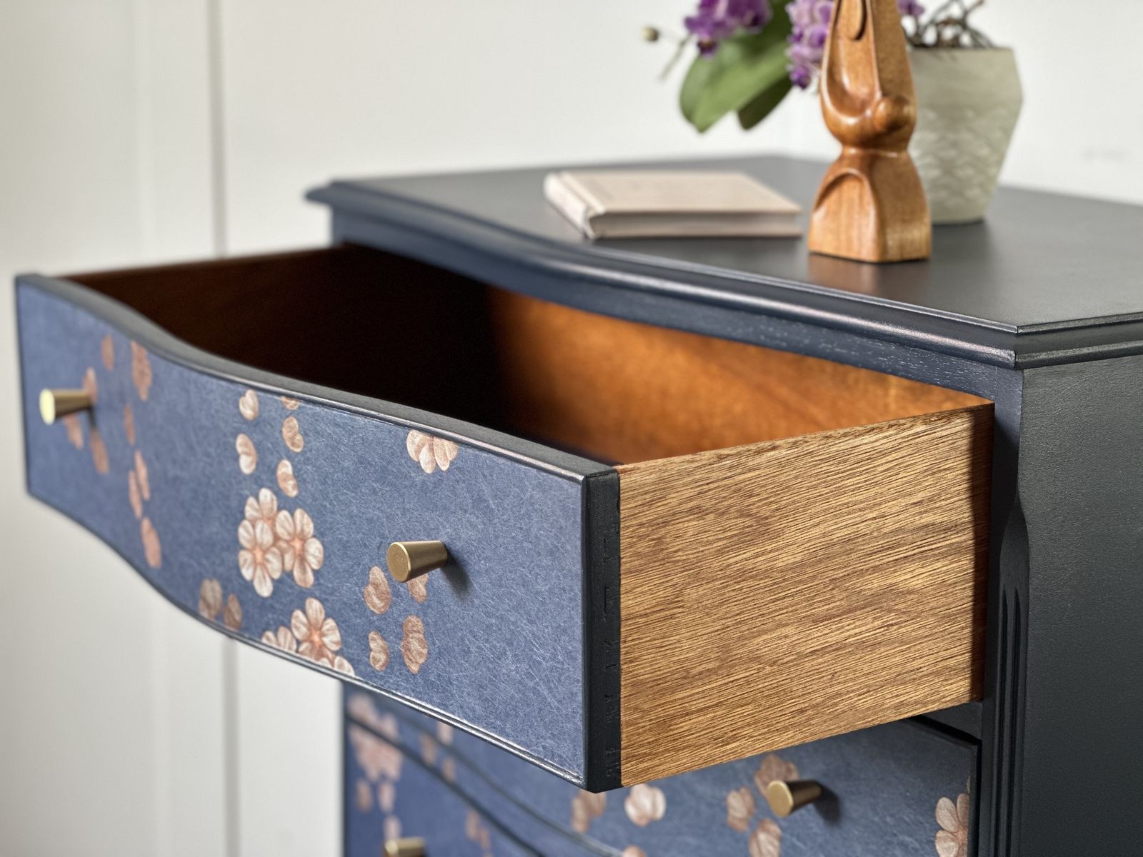 Chinoiserie Upcycled Chest Of Drawers, Cherry Blossom Serpentine Storage Chest photo vinterior