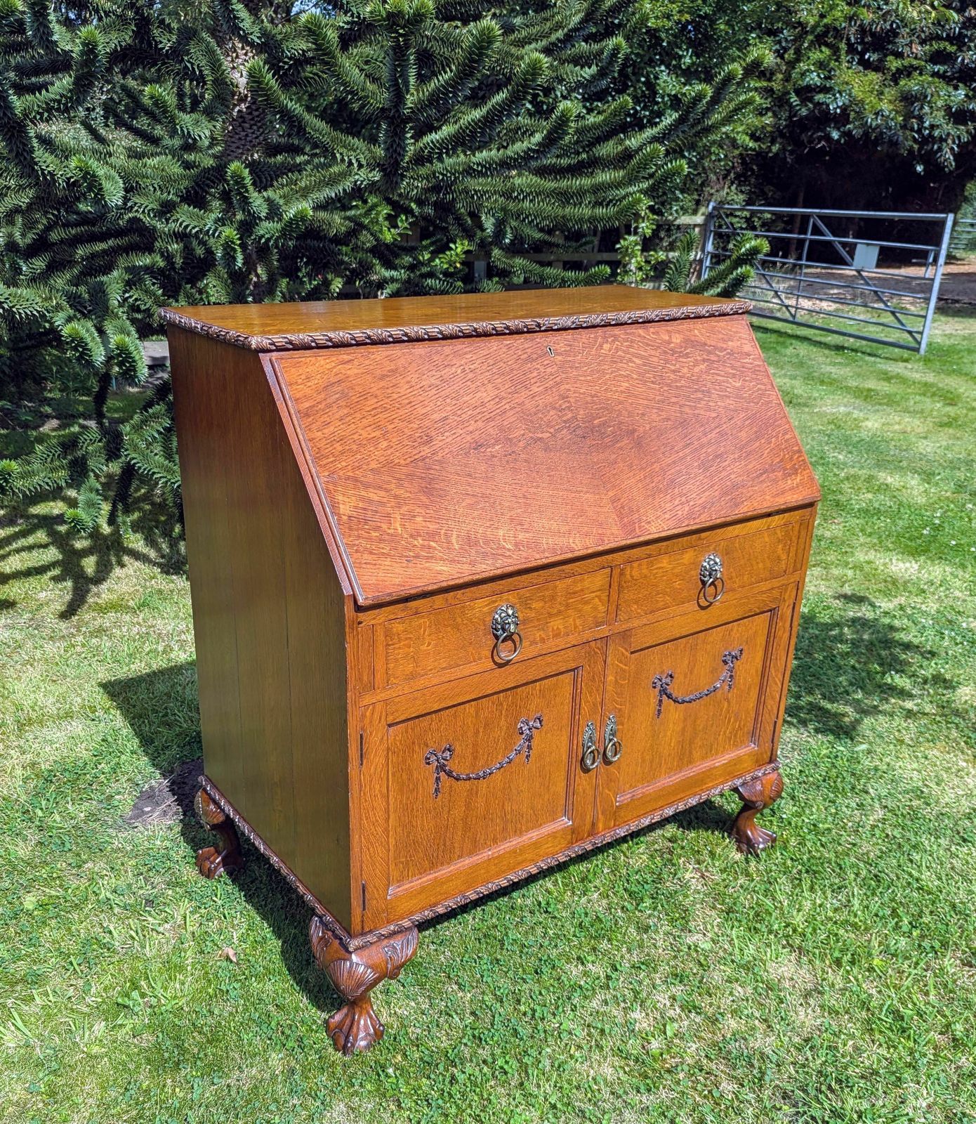 Early 19th C Oak Ball&Claw Feet Bureau Write Desk Secret Draw 0239.