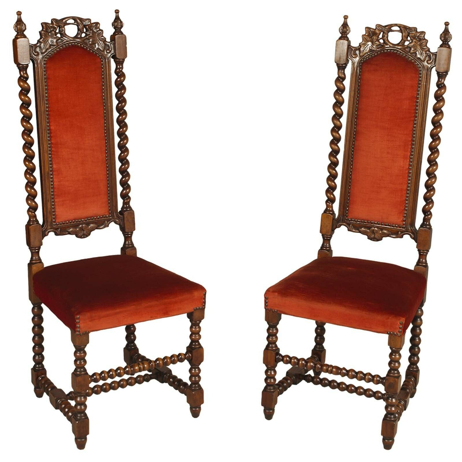 Pair 19th Century Venetian Hight Back Hall Chairs By Atelier Cadorin, Walnut , Hand Carved