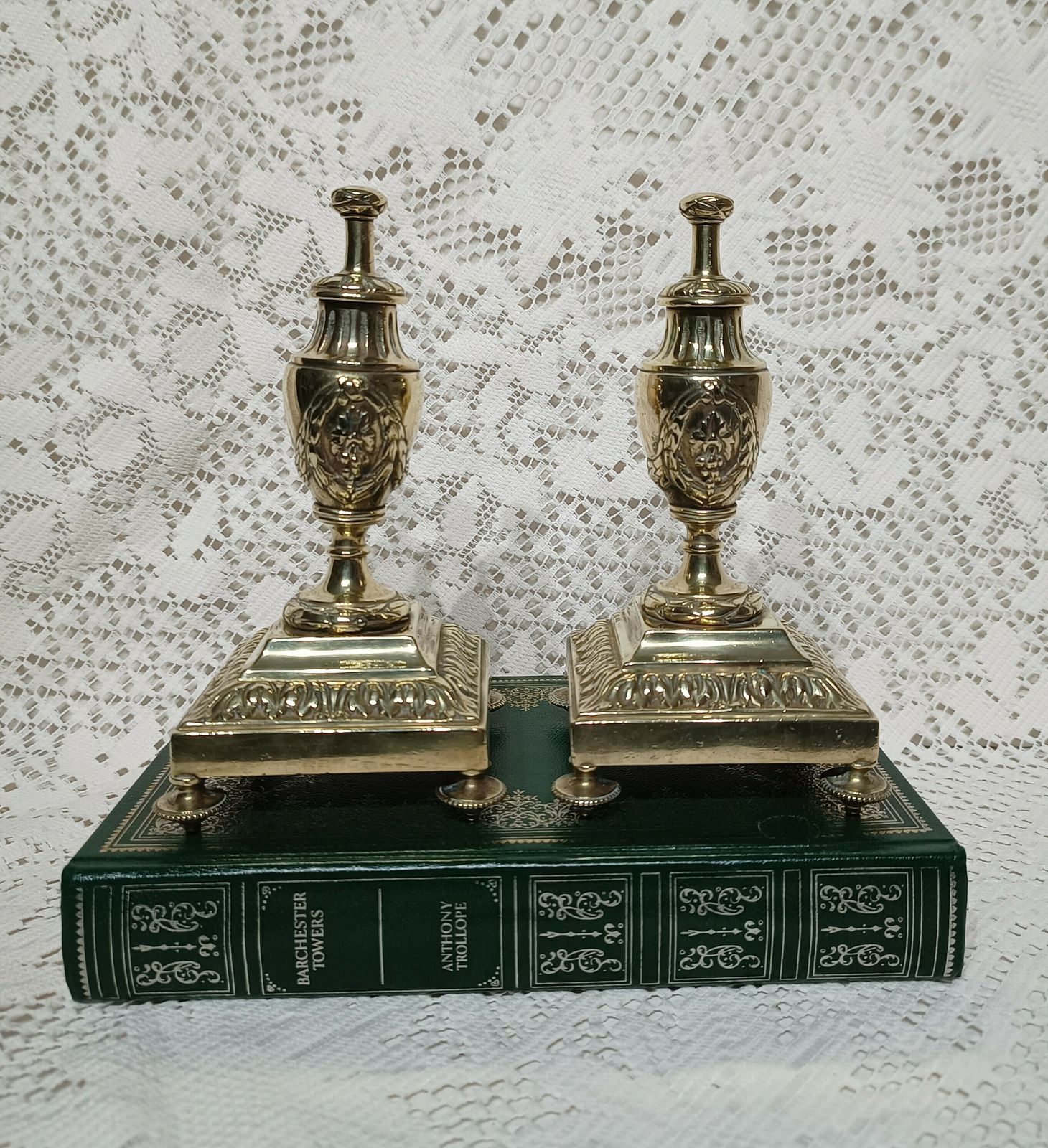 Antique Brass Mantel Urns Acanthus Leaf Motif With Grapes Leaves Motif.