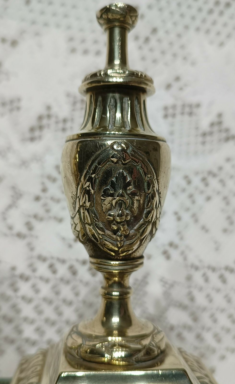 Antique Brass Mantel Urns Acanthus Leaf Motif With Grapes Leaves Motif. photo for sale