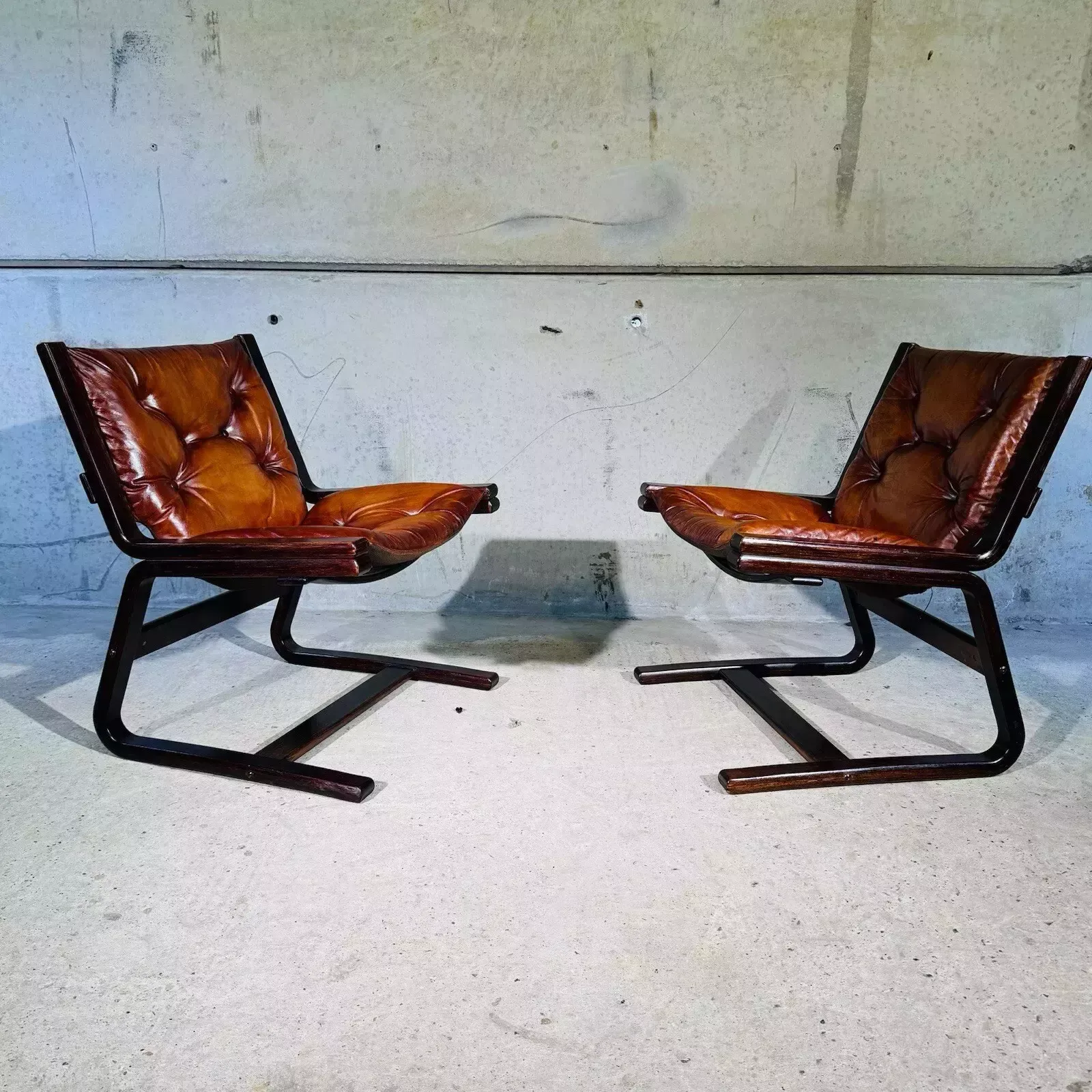 Vintage Pair Of Norwegian 1960s Cantilever Bentwood Chairs Tan Leather #A309 photo furniture