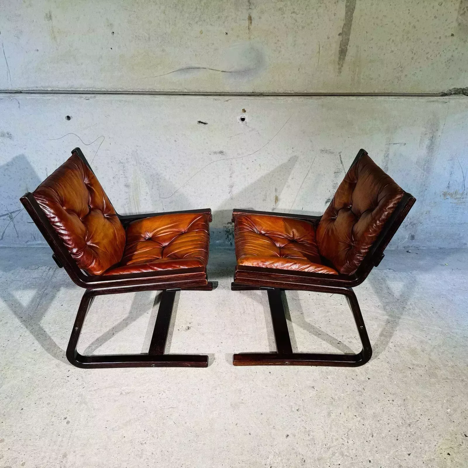 Vintage Pair Of Norwegian 1960s Cantilever Bentwood Chairs Tan Leather #A309 photo buy