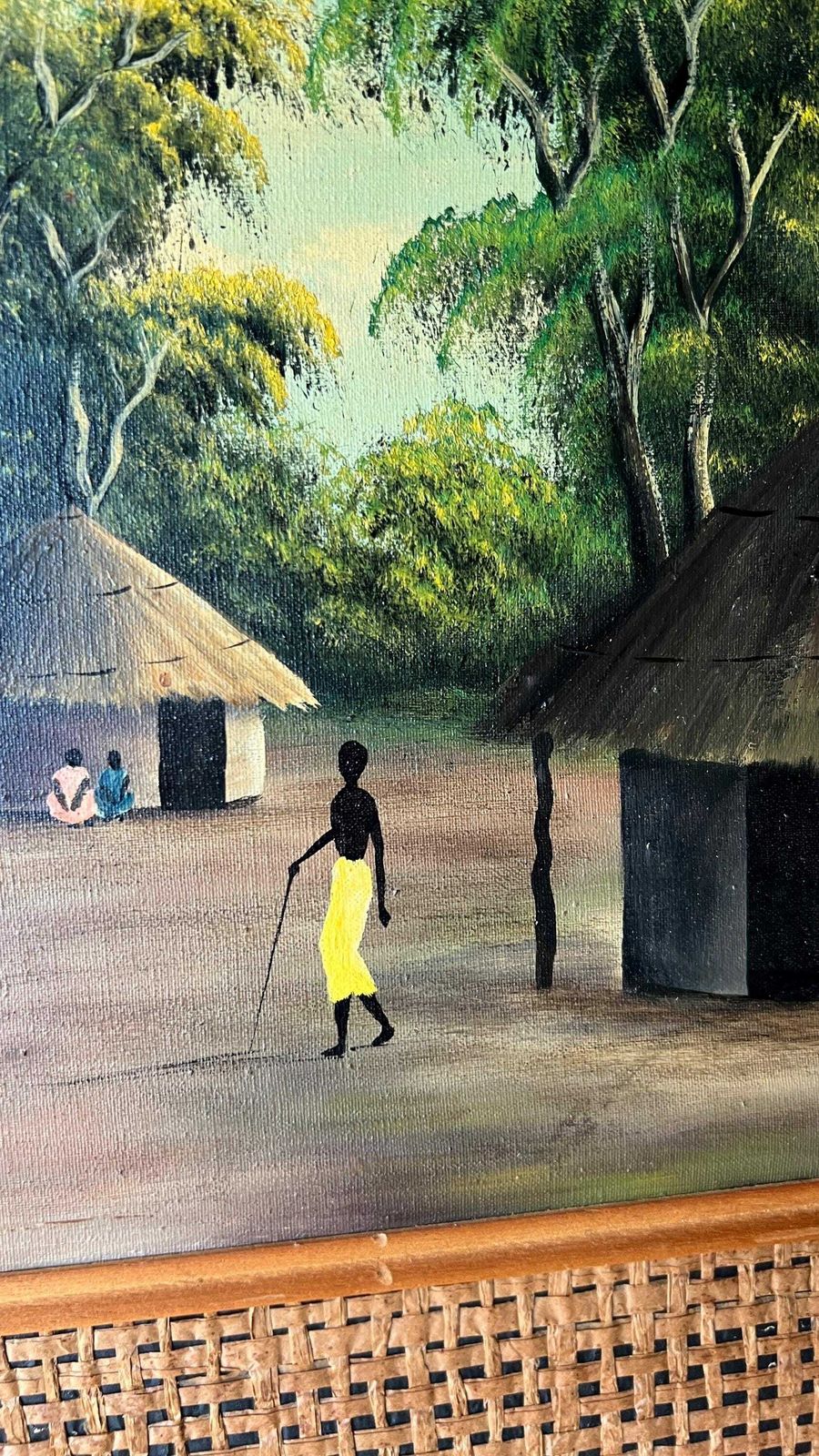 Vintage Framed Oil On Canvas Painting Depicting An African Village Scene photo Art